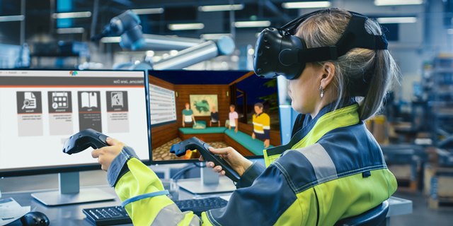 Engineer wearing VR headset