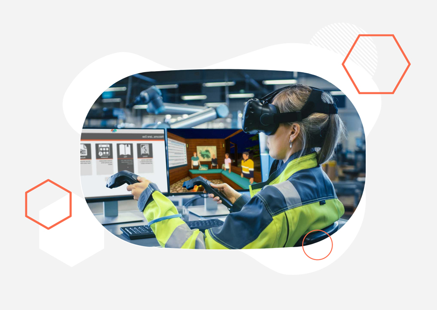 Female worker wearing VR headset