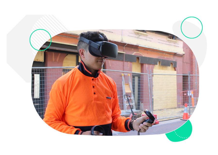 Female worker wearing VR headset